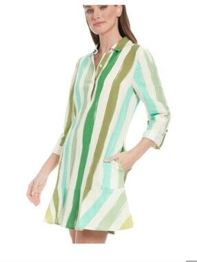 Maggy London Times NWT Linen Blend Shirt Dress Sz Large Flounce Hem Beach Aqua